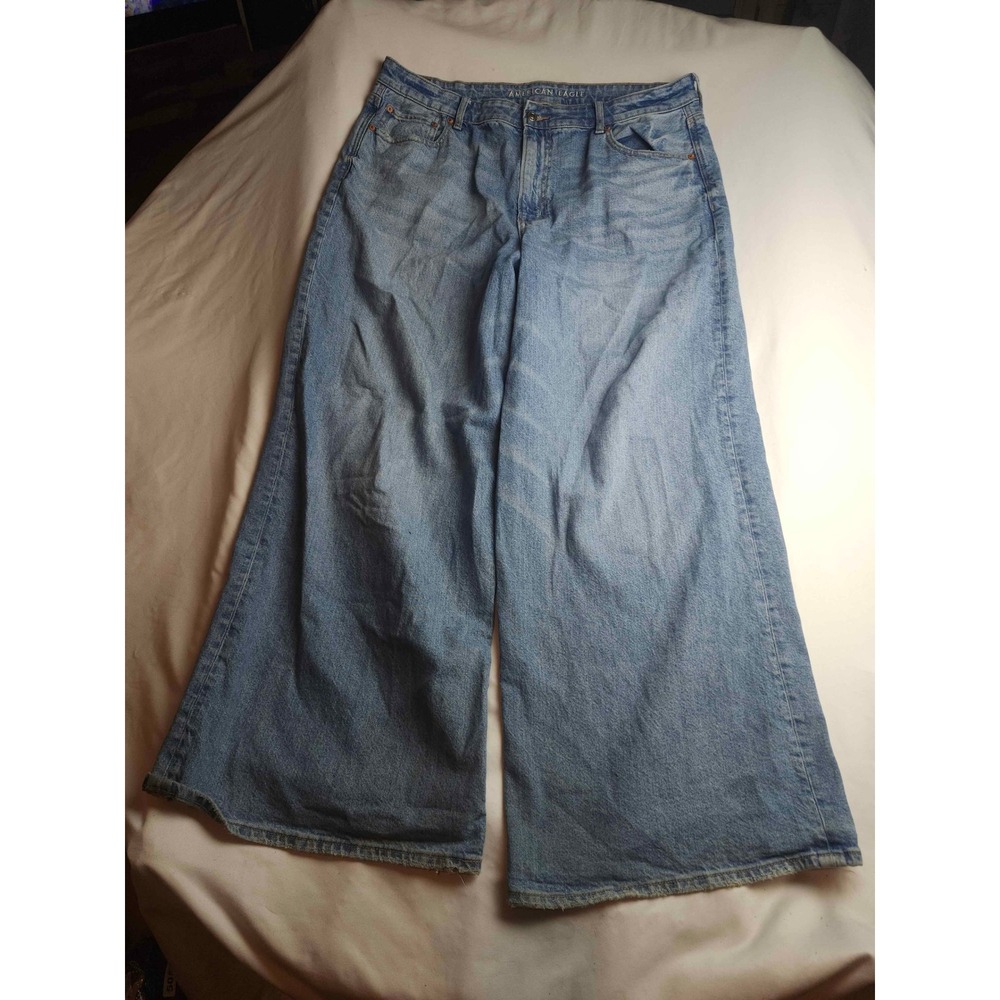 American Eagle Strigid Wide‎ Leg Jeans Womens 16 Regular Blue Denim Distressed